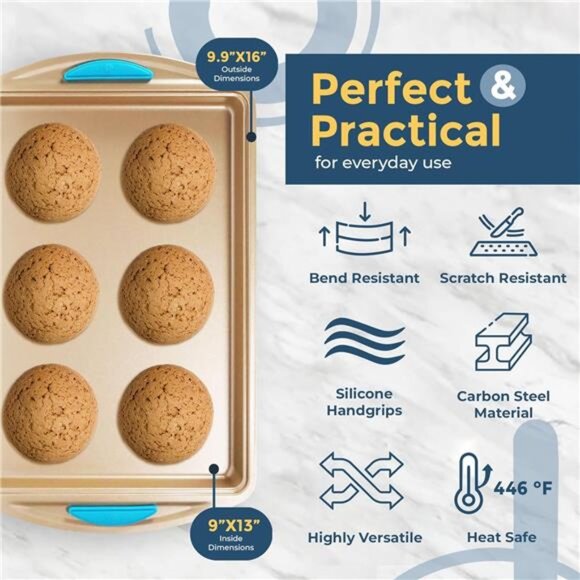 Cookie Sheet Baking Pan 2 Piece Set,9x13" Gold Nonstick Trays with Blue Silicone - Picture 3 of 8